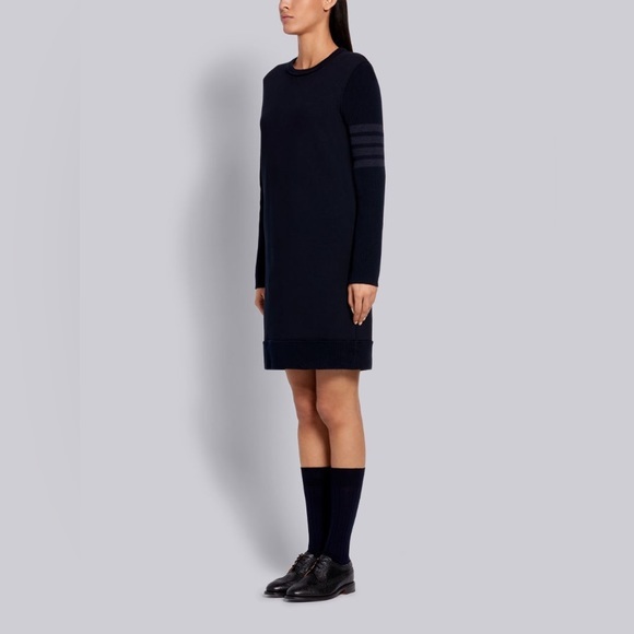 Thom Browne NAVY CLASSIC LOOPBACK TONAL 4-BAR CREWNECK SWEATER DRESS - Picture 3 of 14